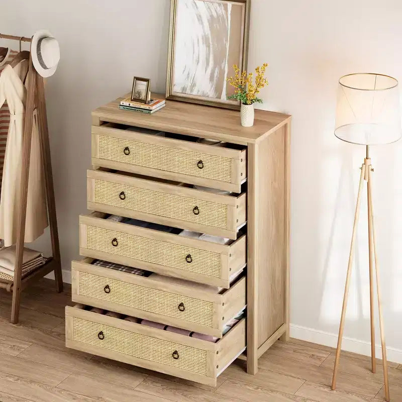 Cassettiera alta a 5 cassetti, Cassettiera in rattan, Cassettiera a 5 cassetti con armadio per vestiti, Organizer per cassetti per camera da letto, soggiorno, corridoio, rovere