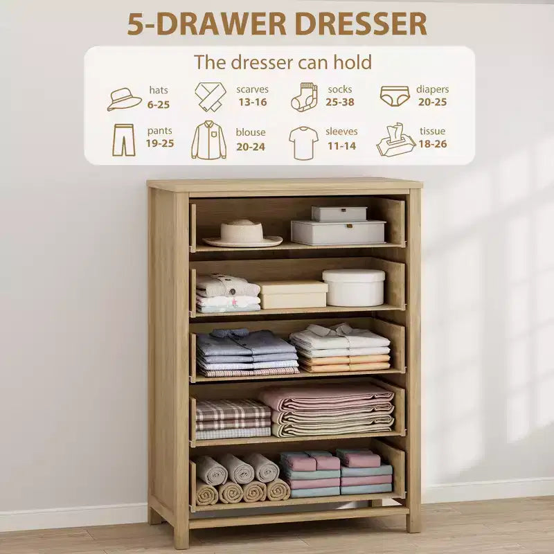 Cassettiera alta a 5 cassetti, Cassettiera in rattan, Cassettiera a 5 cassetti con armadio per vestiti, Organizer per cassetti per camera da letto, soggiorno, corridoio, rovere