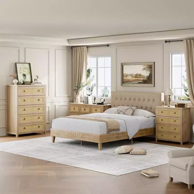 Cassettiera alta a 5 cassetti, Cassettiera in rattan, Cassettiera a 5 cassetti con armadio per vestiti, Organizer per cassetti per camera da letto, soggiorno, corridoio, rovere