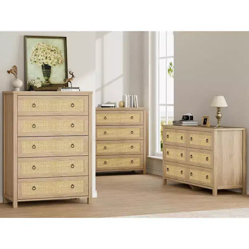 Cassettiera alta a 5 cassetti, Cassettiera in rattan, Cassettiera a 5 cassetti con armadio per vestiti, Organizer per cassetti per camera da letto, soggiorno, corridoio, rovere