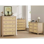 Cassettiera alta a 5 cassetti, Cassettiera in rattan, Cassettiera a 5 cassetti con armadio per vestiti, Organizer per cassetti per camera da letto, soggiorno, corridoio, rovere
