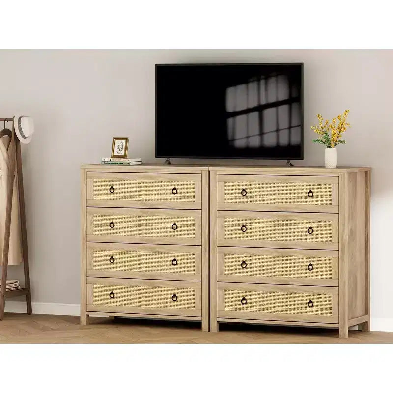 Cassettiera alta a 5 cassetti, Cassettiera in rattan, Cassettiera a 5 cassetti con armadio per vestiti, Organizer per cassetti per camera da letto, soggiorno, corridoio, rovere