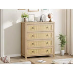 Cassettiera alta a 5 cassetti, Cassettiera in rattan, Cassettiera a 5 cassetti con armadio per vestiti, Organizer per cassetti per camera da letto, soggiorno, corridoio, rovere