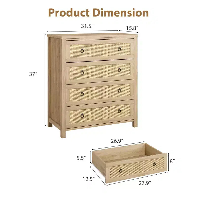 Cassettiera alta a 5 cassetti, Cassettiera in rattan, Cassettiera a 5 cassetti con armadio per vestiti, Organizer per cassetti per camera da letto, soggiorno, corridoio, rovere