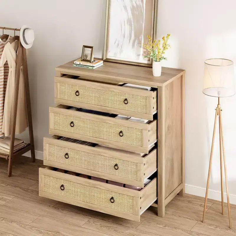 Cassettiera alta a 5 cassetti, Cassettiera in rattan, Cassettiera a 5 cassetti con armadio per vestiti, Organizer per cassetti per camera da letto, soggiorno, corridoio, rovere