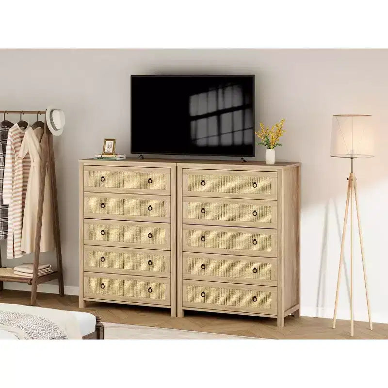 Cassettiera alta a 5 cassetti, Cassettiera in rattan, Cassettiera a 5 cassetti con armadio per vestiti, Organizer per cassetti per camera da letto, soggiorno, corridoio, rovere