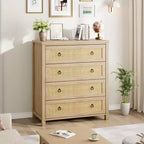 5 Drawer Tall Dresser, Rattan Dresser, 5 Chest of Drawers with Clothes Storage Cabinet, Drawer Organizer for Bedroom, Living Room, Hallway, Oak