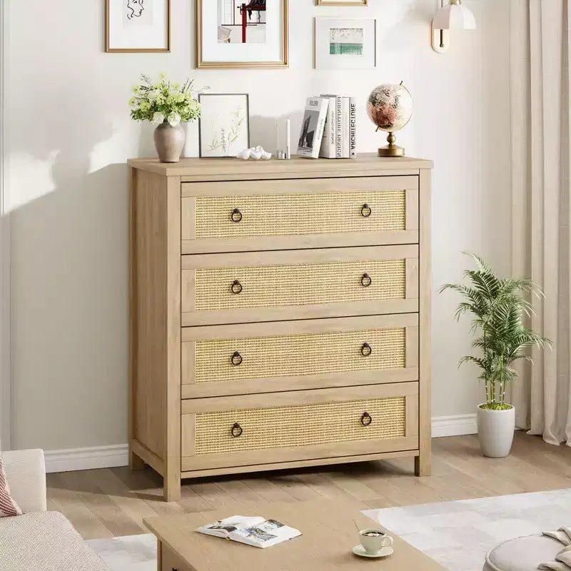 5 Drawer Tall Dresser, Rattan Dresser, 5 Chest of Drawers with Clothes Storage Cabinet, Drawer Organizer for Bedroom, Living Room, Hallway, Oak