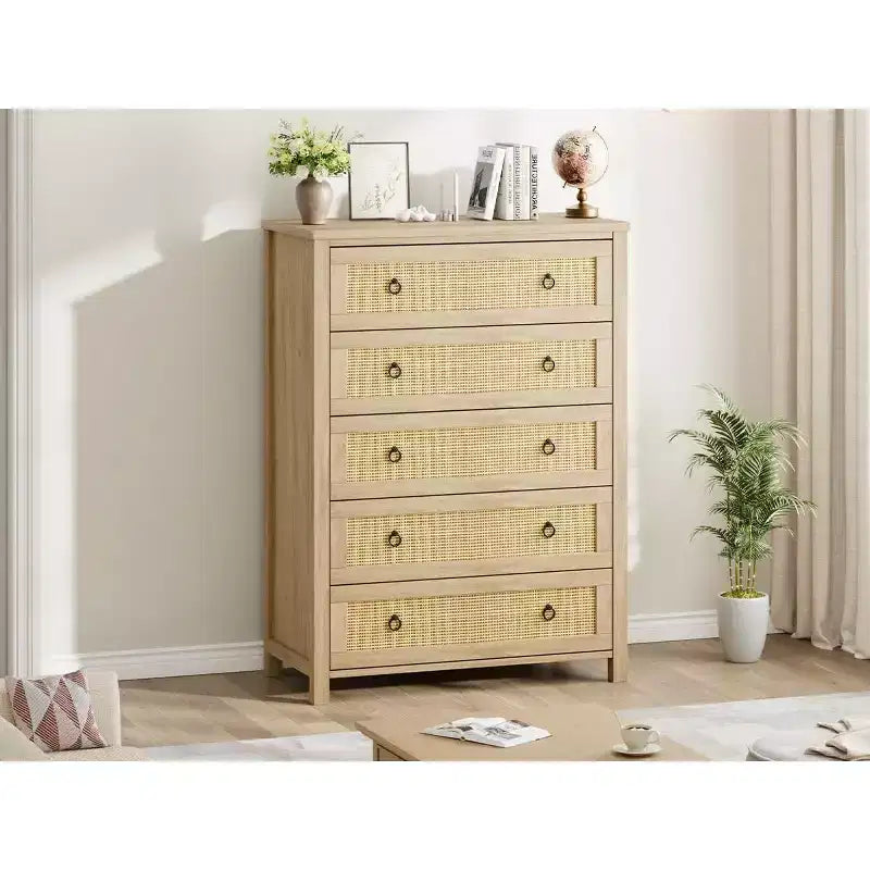 Commode haute à 5 tiroirs, commode en rotin, commode à 5 tiroirs avec armoire de rangement pour vêtements, organiseur de tiroirs pour chambre à coucher, salon, couloir, chêne