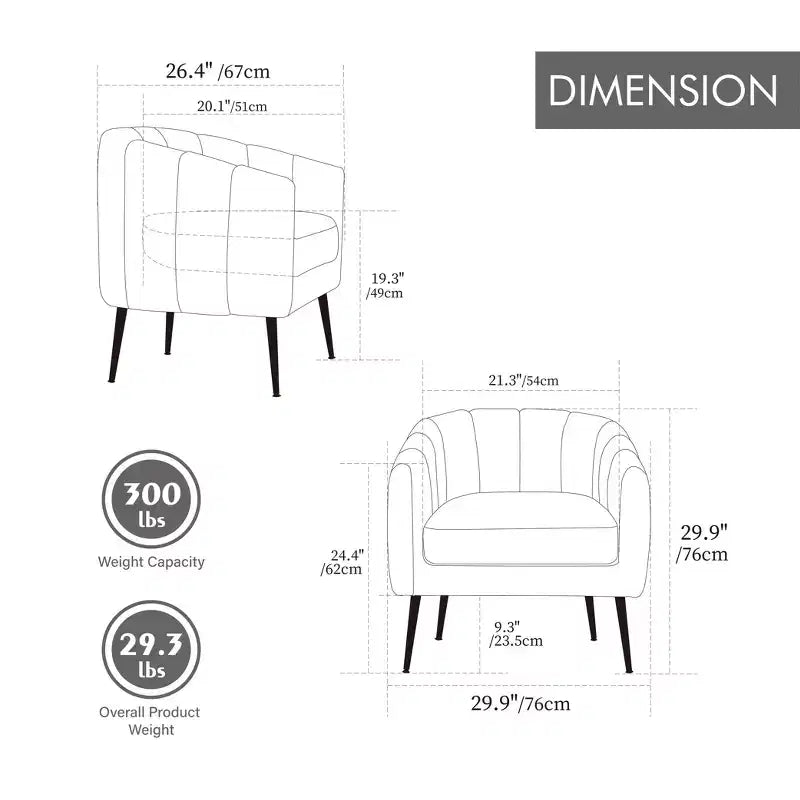 TUYOHW 30 Poltrona accent moderna con schienale trapuntato a canali, poltrona relax imbottita con gambe in metallo, comoda poltrona per soggiorno, camera da letto
