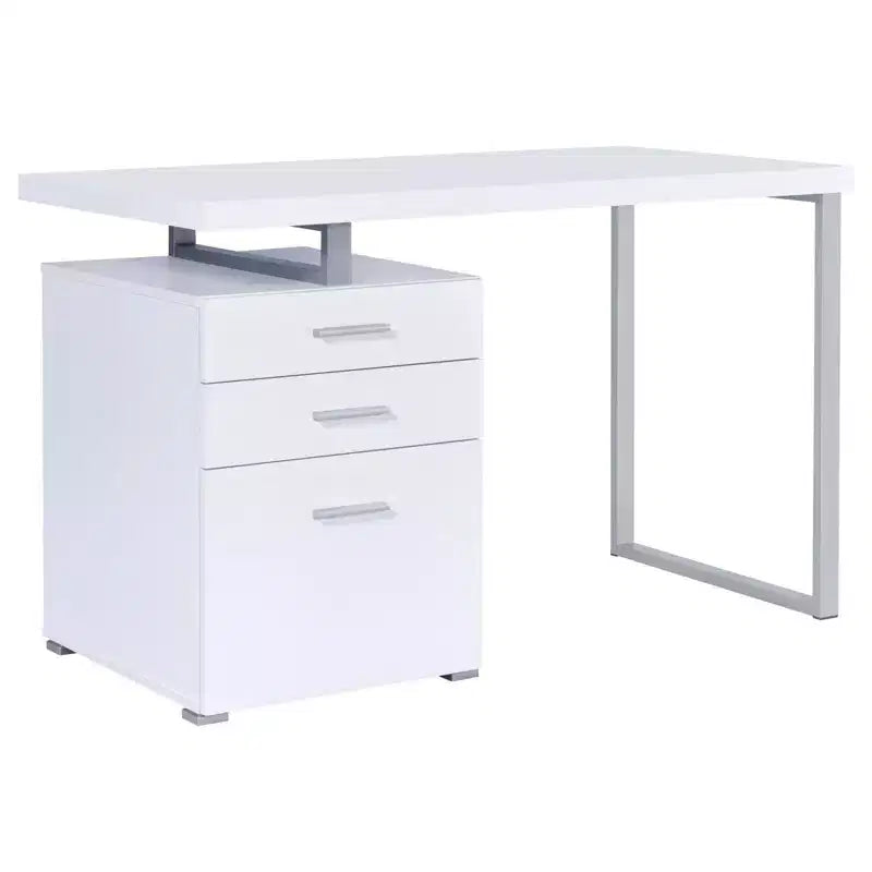TUYOHW Bureau réversible 3 tiroirs, bureau d'ordinateur avec classeur, pieds en métal, 120 cm, bureau d'écriture moderne pour bureau à domicile, étude, chambre à coucher, blanc