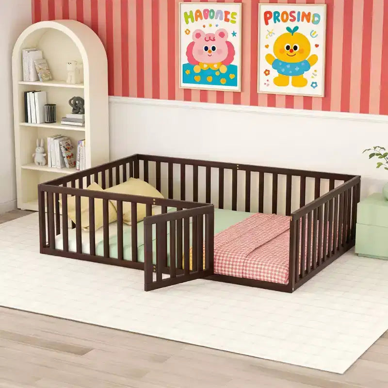 Luxystar Letto a Pavimento Queen Size in Legno con Recinzione e Porta