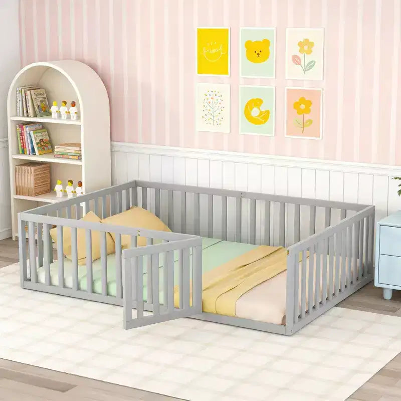 Luxystar Letto a Pavimento Queen Size in Legno con Recinzione e Porta