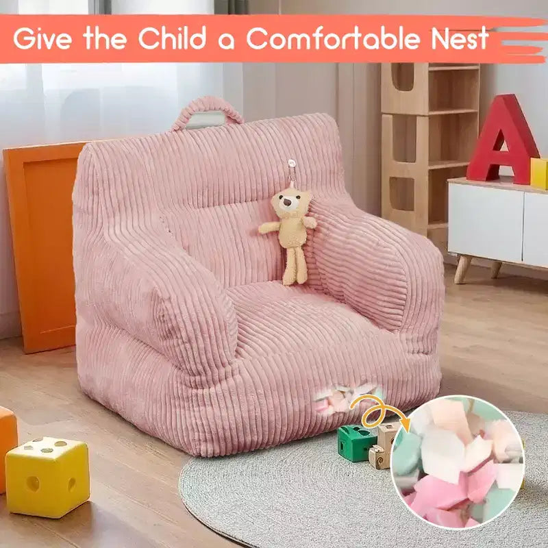 Pouf enfant avec motif ours fraise, canapé doux en velours côtelé pour tout-petits garçons et filles, siège confortable pour lire, jouer et faire la sieste