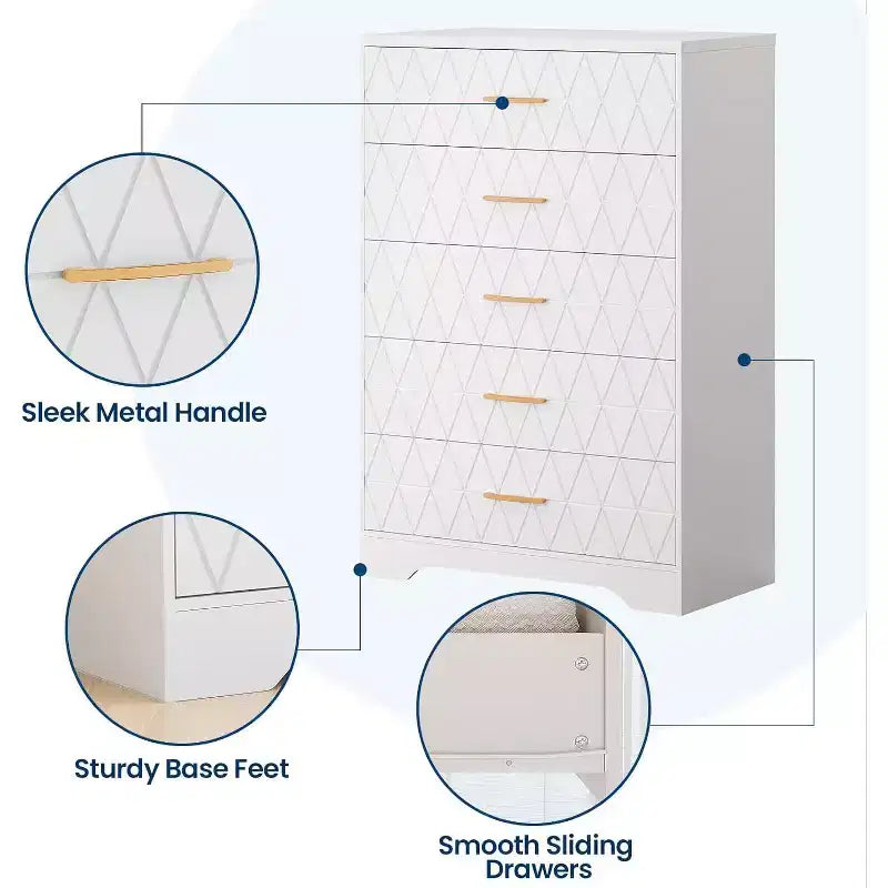 Cassettiera Alta a 5 Cassetti per Camera da Letto, Comodino Moderno per Armadio, Cassettiera in Legno, Mobiletto Contenitore e Organizzatore in Legno