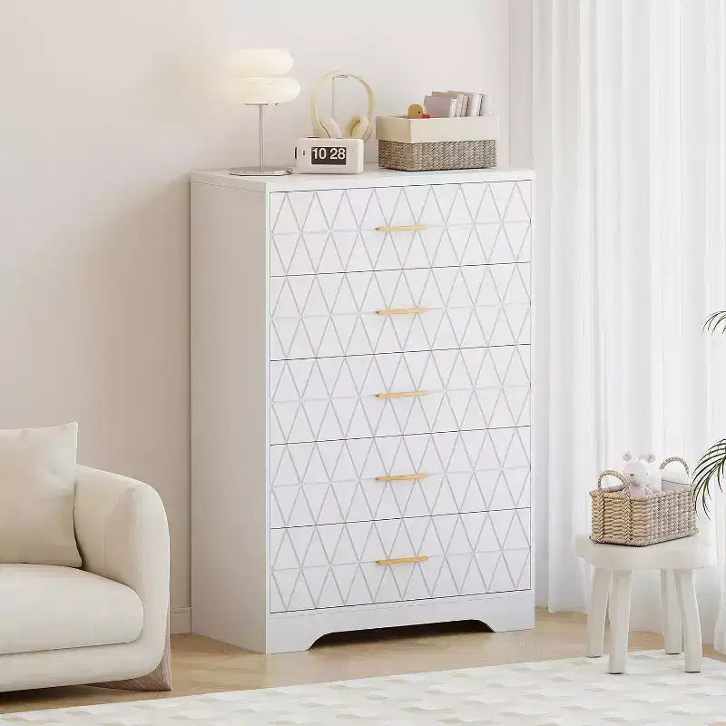 Cassettiera Alta a 5 Cassetti per Camera da Letto, Comodino Moderno per Armadio, Cassettiera in Legno, Mobiletto Contenitore e Organizzatore in Legno