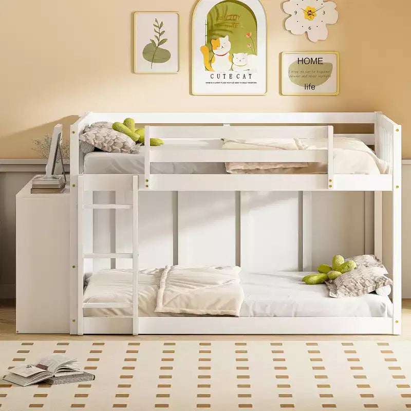 JVNOXK 92-inch white bunk bed with full-size mattresses on both levels, featuring 4 drawers and 3 shelves, solid pine wood frame with MDF