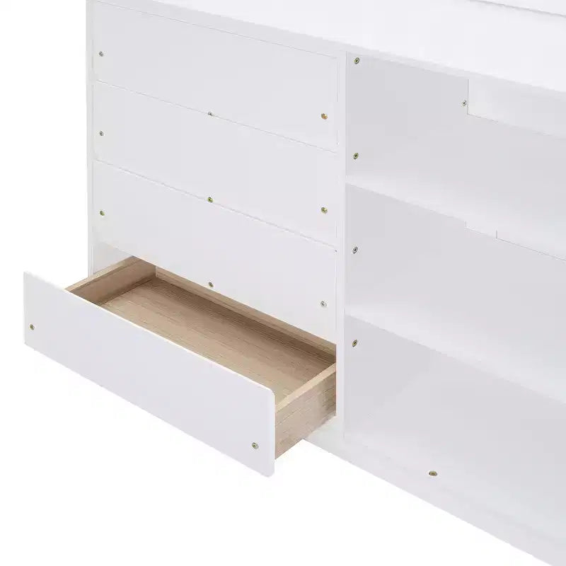 JVNOXK letto a castello bianco da 92 pollici con materassi full-size su entrambi i livelli, dotato di 4 cassetti e 3 ripiani, struttura in legno massello di pino con MDF