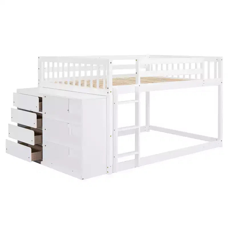 JVNOXK letto a castello bianco da 92 pollici con materassi full-size su entrambi i livelli, dotato di 4 cassetti e 3 ripiani, struttura in legno massello di pino con MDF