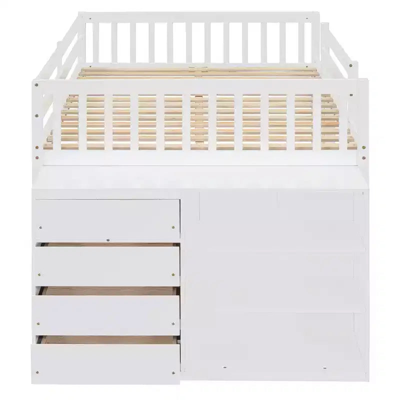 JVNOXK letto a castello bianco da 92 pollici con materassi full-size su entrambi i livelli, dotato di 4 cassetti e 3 ripiani, struttura in legno massello di pino con MDF