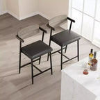 Lot de 2 tabourets de bar hauteur comptoir avec accoudoirs et repose-pieds - Dossier en bois et assise rembourrée pour îlot de cuisine