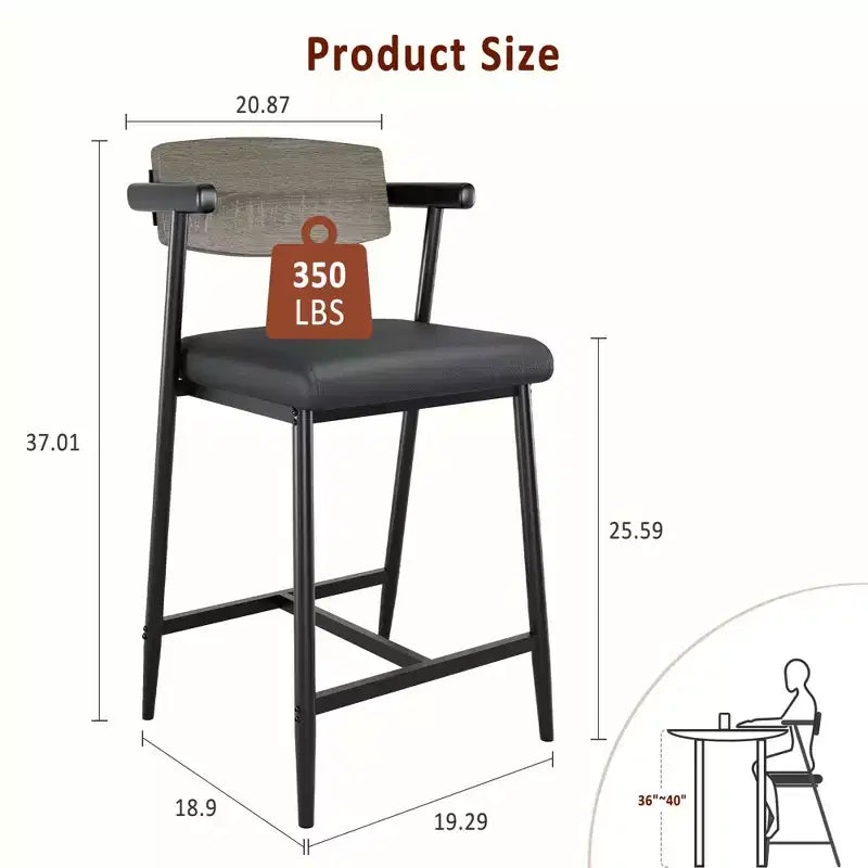 Lot de 2 tabourets de bar hauteur comptoir avec accoudoirs et repose-pieds - Dossier en bois et assise rembourrée pour îlot de cuisine