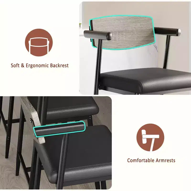 Lot de 2 tabourets de bar hauteur comptoir avec accoudoirs et repose-pieds - Dossier en bois et assise rembourrée pour îlot de cuisine