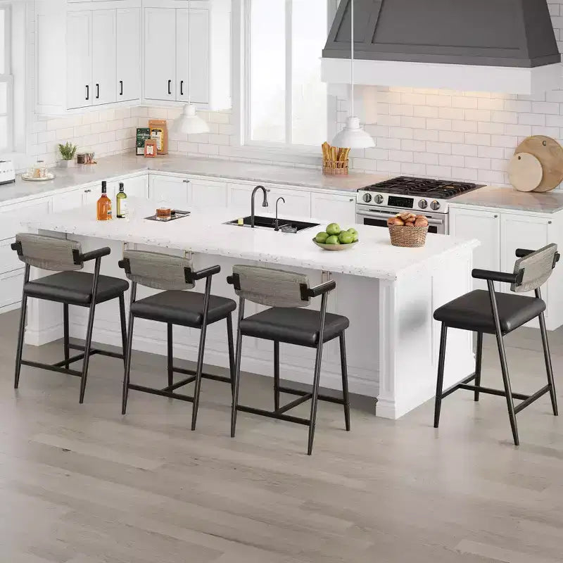 Lot de 2 tabourets de bar hauteur comptoir avec accoudoirs et repose-pieds - Dossier en bois et assise rembourrée pour îlot de cuisine