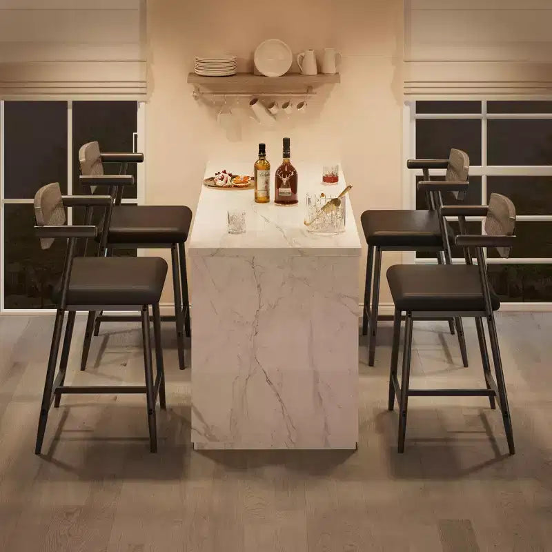 Lot de 2 tabourets de bar hauteur comptoir avec accoudoirs et repose-pieds - Dossier en bois et assise rembourrée pour îlot de cuisine