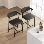 Lot de 2 tabourets de bar hauteur comptoir avec accoudoirs et repose-pieds - Dossier en bois et assise rembourrée pour îlot de cuisine
