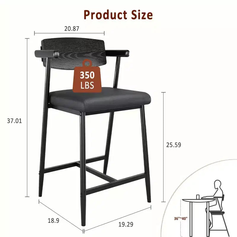 Lot de 2 tabourets de bar hauteur comptoir avec accoudoirs et repose-pieds - Dossier en bois et assise rembourrée pour îlot de cuisine