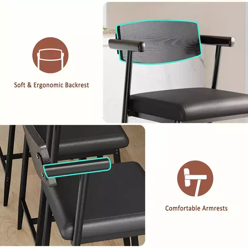 Lot de 2 tabourets de bar hauteur comptoir avec accoudoirs et repose-pieds - Dossier en bois et assise rembourrée pour îlot de cuisine