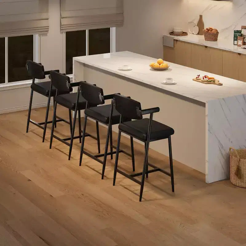 Lot de 2 tabourets de bar hauteur comptoir avec accoudoirs et repose-pieds - Dossier en bois et assise rembourrée pour îlot de cuisine