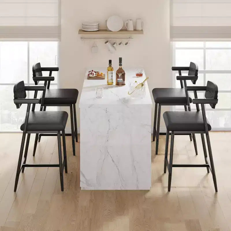 Lot de 2 tabourets de bar hauteur comptoir avec accoudoirs et repose-pieds - Dossier en bois et assise rembourrée pour îlot de cuisine