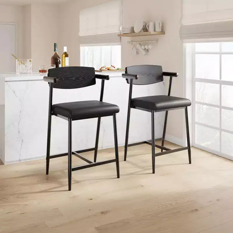 Set of 2 Counter Height Bar Stools with Arms and Footrest - Wood Back & Upholstered Seat for Kitchen Island