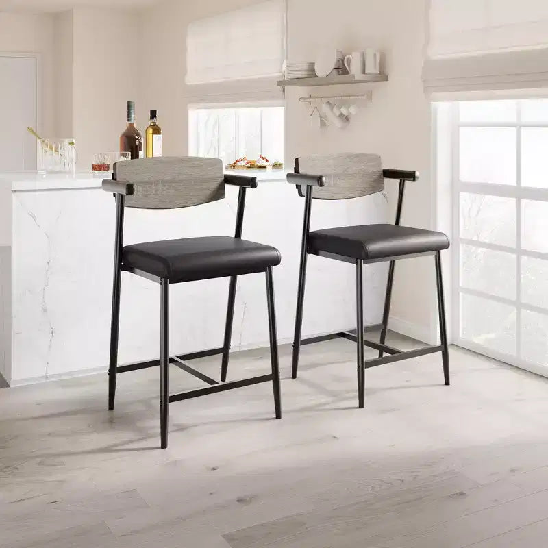 Lot de 2 tabourets de bar hauteur comptoir avec accoudoirs et repose-pieds - Dossier en bois et assise rembourrée pour îlot de cuisine
