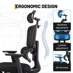 Sedia da Gaming Ergonomica in Mesh con Braccioli 4D Ribaltabili, Poggiatesta 3D, Sedia da Ufficio con Supporto Lombare e Gambe Regolabile
