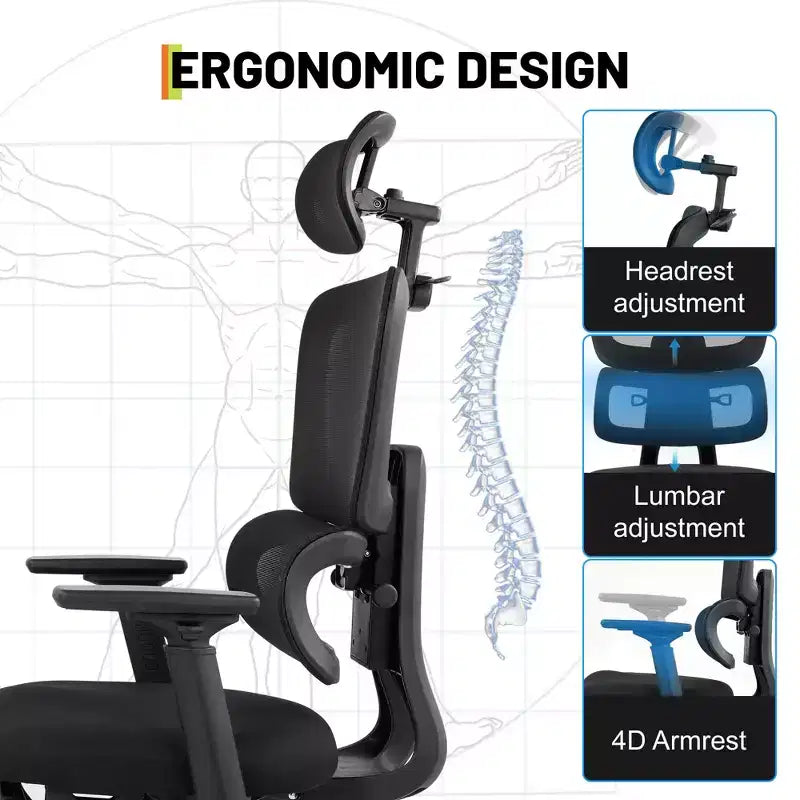 Sedia da Gaming Ergonomica in Mesh con Braccioli 4D Ribaltabili, Poggiatesta 3D, Sedia da Ufficio con Supporto Lombare e Gambe Regolabile