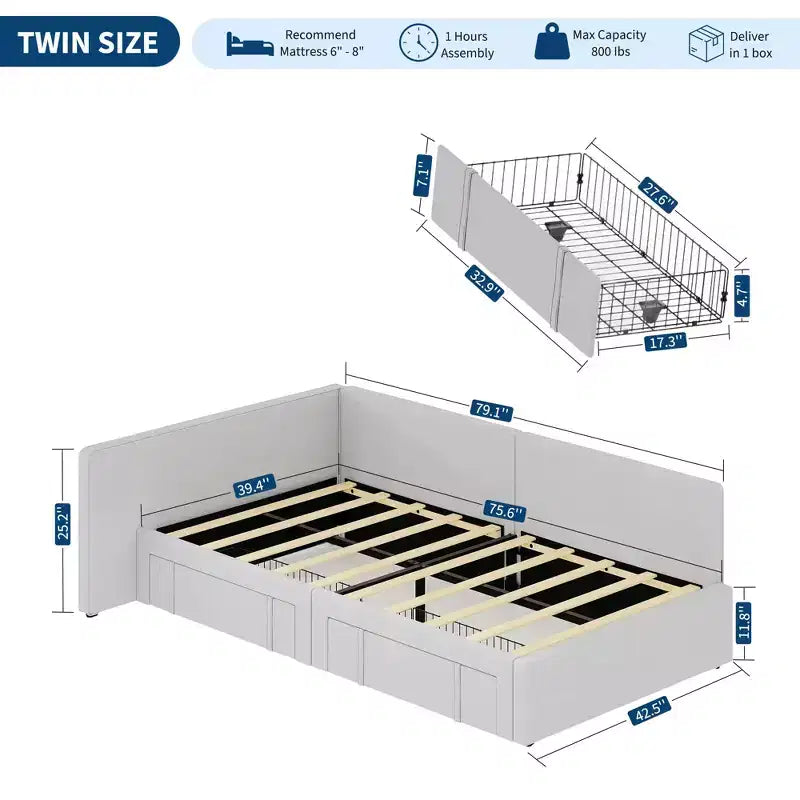 Lit de jour double avec tiroirs de rangement, cadre de lit d'angle rembourré en velours avec tête de lit, lit moderne pour enfants avec barrières de sécurité pour le salon, assemblage facile