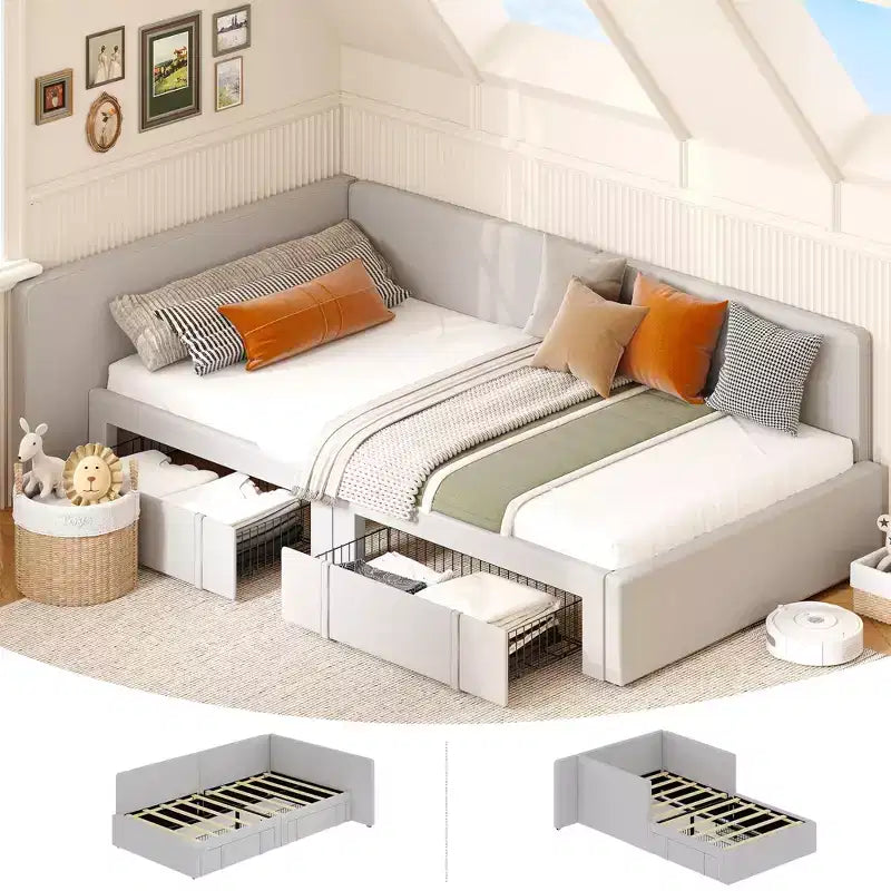 Lit de jour double avec tiroirs de rangement, cadre de lit d'angle rembourré en velours avec tête de lit, lit moderne pour enfants avec barrières de sécurité pour le salon, assemblage facile