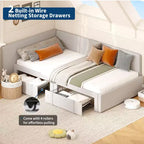 Lit de jour double avec tiroirs de rangement, cadre de lit d'angle rembourré en velours avec tête de lit, lit moderne pour enfants avec barrières de sécurité pour le salon, assemblage facile