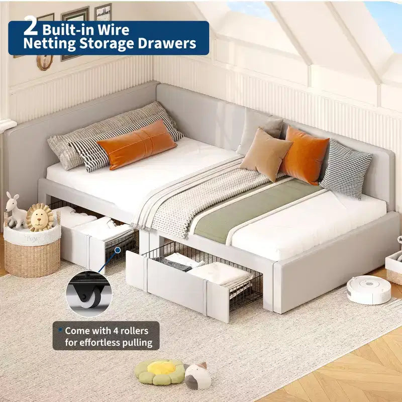 Lit de jour double avec tiroirs de rangement, cadre de lit d'angle rembourré en velours avec tête de lit, lit moderne pour enfants avec barrières de sécurité pour le salon, assemblage facile