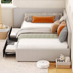 Lit de jour double avec tiroirs de rangement, cadre de lit d'angle rembourré en velours avec tête de lit, lit moderne pour enfants avec barrières de sécurité pour le salon, assemblage facile