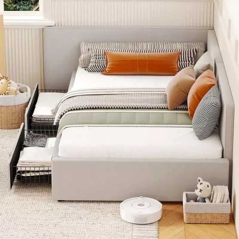 Lit de jour double avec tiroirs de rangement, cadre de lit d'angle rembourré en velours avec tête de lit, lit moderne pour enfants avec barrières de sécurité pour le salon, assemblage facile