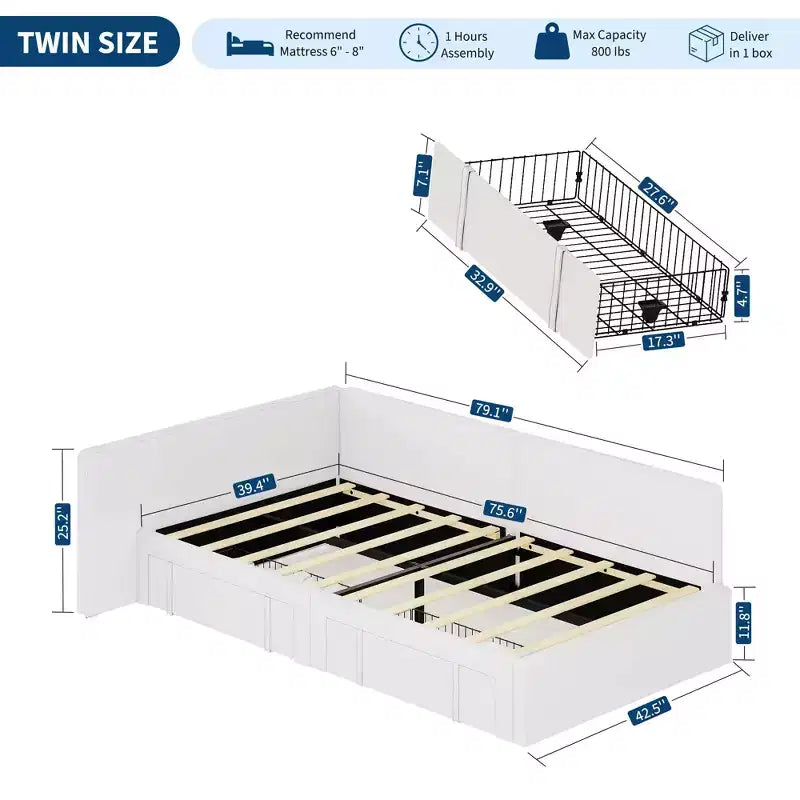 Lit de jour double avec tiroirs de rangement, cadre de lit d'angle rembourré en velours avec tête de lit, lit moderne pour enfants avec barrières de sécurité pour le salon, assemblage facile