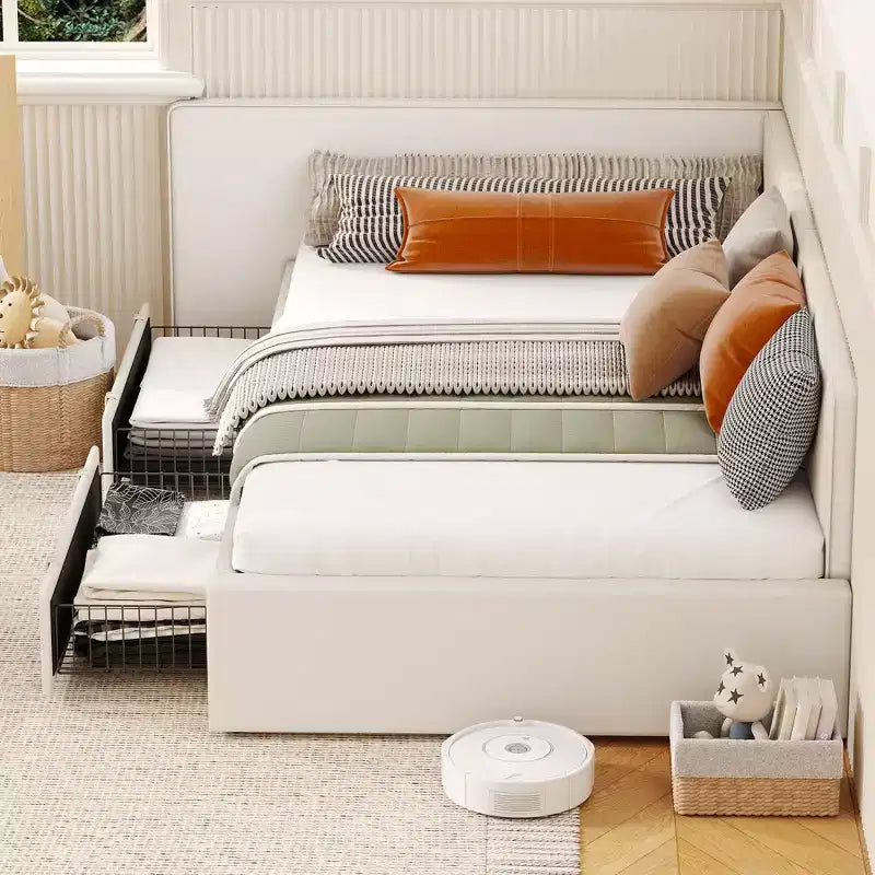 Lit de jour double avec tiroirs de rangement, cadre de lit d'angle rembourré en velours avec tête de lit, lit moderne pour enfants avec barrières de sécurité pour le salon, assemblage facile