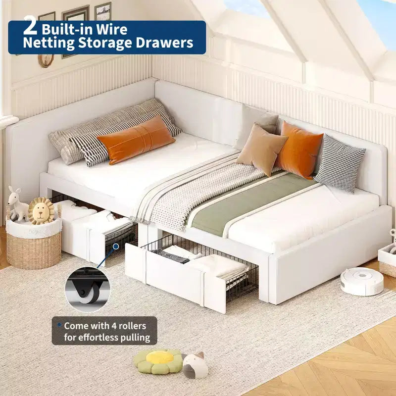 Lit de jour double avec tiroirs de rangement, cadre de lit d'angle rembourré en velours avec tête de lit, lit moderne pour enfants avec barrières de sécurité pour le salon, assemblage facile
