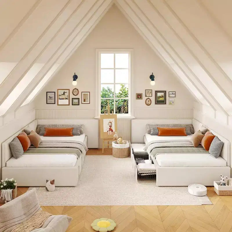 Lit de jour double avec tiroirs de rangement, cadre de lit d'angle rembourré en velours avec tête de lit, lit moderne pour enfants avec barrières de sécurité pour le salon, assemblage facile