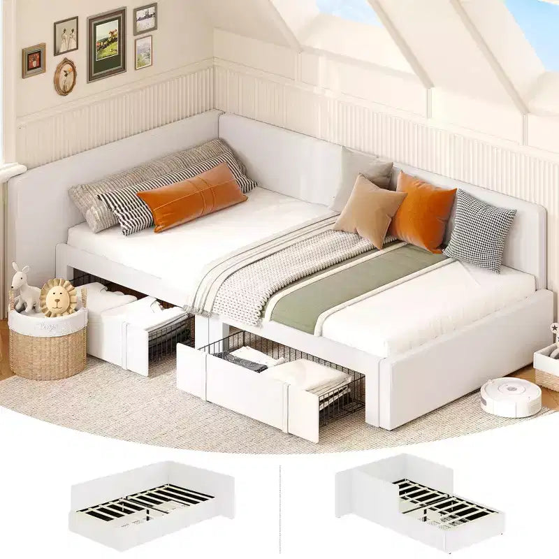 Lit de jour double avec tiroirs de rangement, cadre de lit d'angle rembourré en velours avec tête de lit, lit moderne pour enfants avec barrières de sécurité pour le salon, assemblage facile