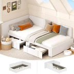 Lit de jour double avec tiroirs de rangement, cadre de lit d'angle rembourré en velours avec tête de lit, lit moderne pour enfants avec barrières de sécurité pour le salon, assemblage facile